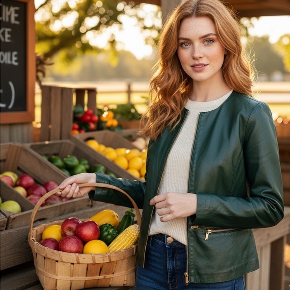 Lafayette 148 Hunter Green Cropped Leather Jacket - Picture 1 of 13